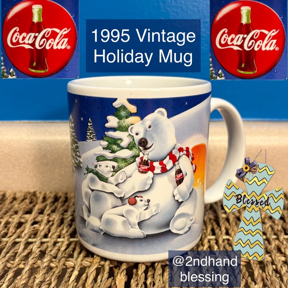 1995 Vintage Coca-Cola Polar Bear Mug, Christmas Holiday Winter Blue Sky Coke